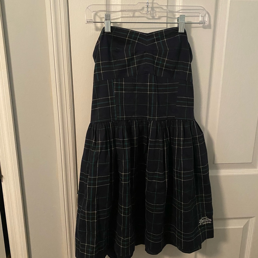 New Superdry Blue green and gold plaid strapless dress size large